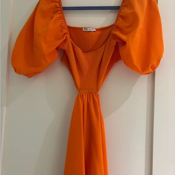 Zara Orange Puff Sleeve Cut Out Dress - Picture 4 of 5